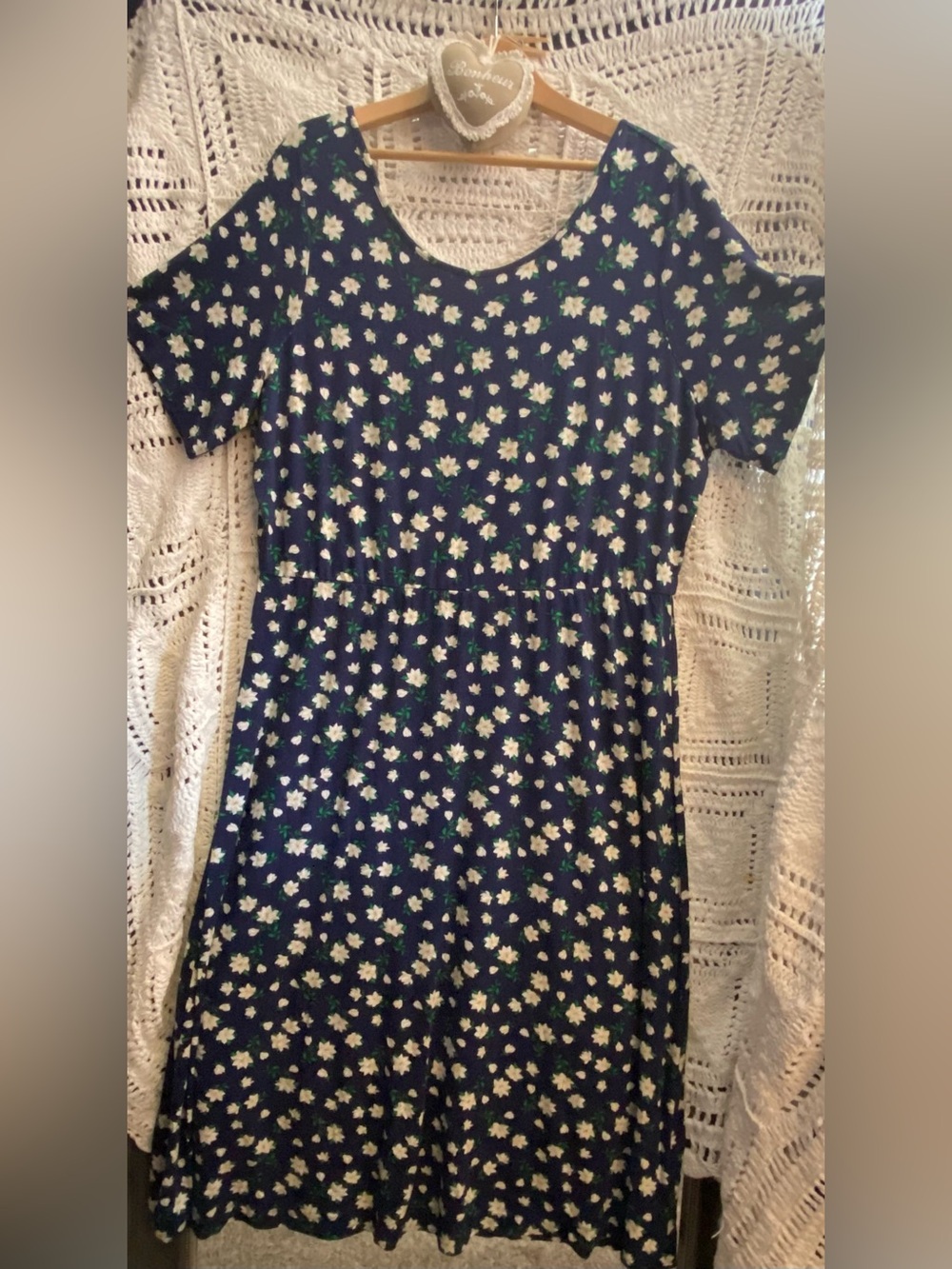 Draper James Navy Midi Dress with White Floral Print and Green Accents
